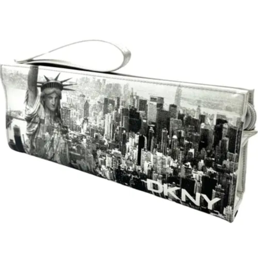 ^ DKNY New York Skyline Statue of Liberty Silver Clutch